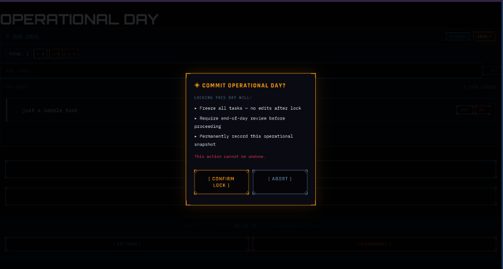 AXIS Commit Operational Day warning box overlay