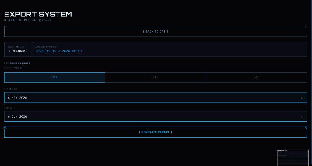 AXIS Export report configuration screen