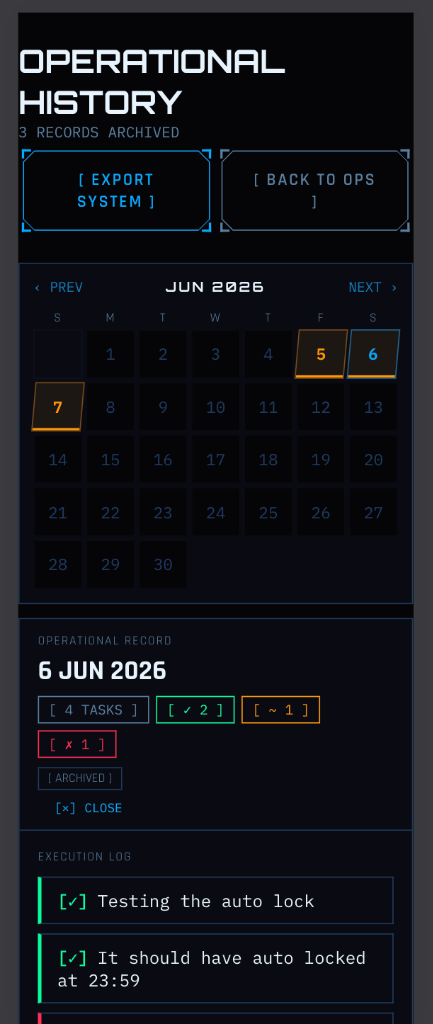 AXIS Operational History mobile view rendering calendar and logs